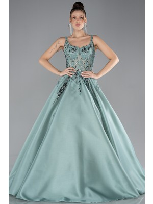 Boncuk Işlemeli Uzun Büyük Beden Özel Tasarım Nişanlık ABU4468