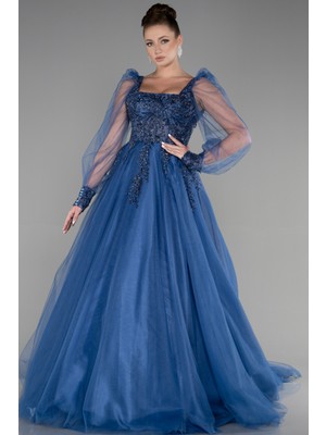 Uzun Tül Kol Üstü Taşlı Büyük Beden Nişan Elbisesi ABU4609