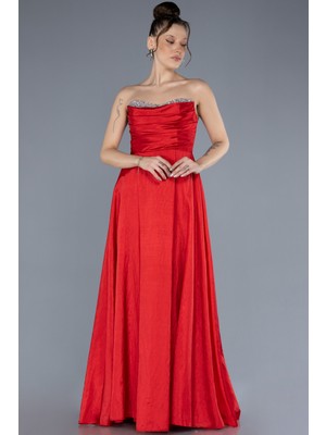 Taşlı Straplez Yaka Uzun Tafta Abiye Elbise ABU4579