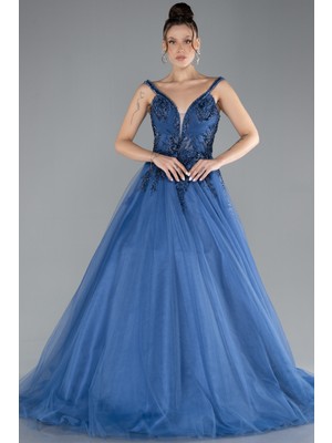 Taş Işlemeli Uzun Büyük Beden Özel Tasarım Nişanlık ABU4457