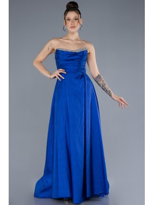 Taşlı Straplez Yaka Uzun Tafta Abiye Elbise ABU4579