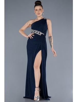 Tek Omuz Bacak Dekolteli Uzun Simli Abiye ABU4599