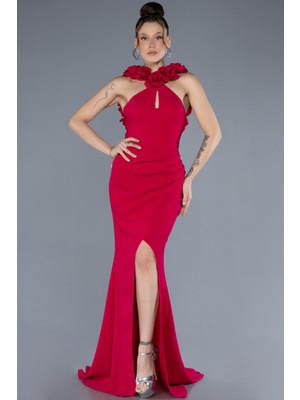 Güllü Halter Yaka Yırtmaçlı Uzun Abiye ABU4610