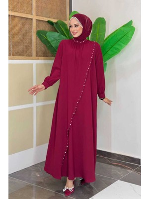 Çapraz Parça Görünümlü Incili Elbise 3879 Bordo