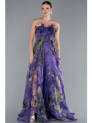 Straplez Yırtmaçlı Uzun Empirme Şifon Abiye ABU4734