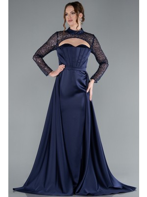 Büstiyer Detay Pullu Uzun Kol Kuyruklu Saten Abiye ABU4765