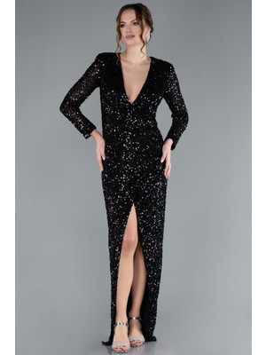 Uzun Kol V Yaka Yırtmaçlı Pullu Abiye Elbise ABU4763