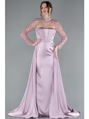 Büstiyer Detay Pullu Uzun Kol Kuyruklu Saten Abiye ABU4765