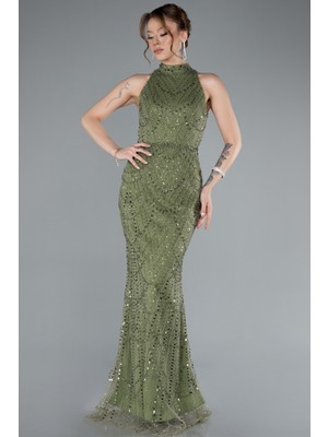 Halter Yaka Boncuklu Uzun Balık Abiye ABU4791