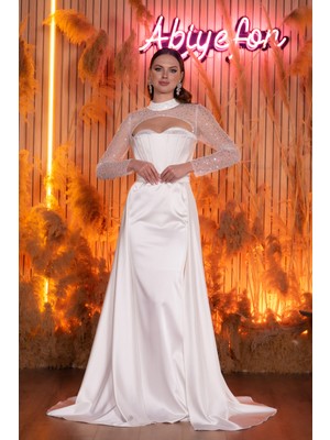 Büstiyer Detay Pullu Uzun Kol Kuyruklu Saten Abiye ABU4765