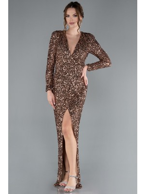 Uzun Kol V Yaka Yırtmaçlı Pullu Abiye Elbise ABU4763