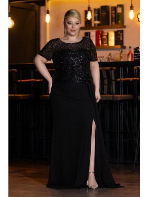 Kısa Kol Boncuklu Yırtmaçlı Uzun Büyük Beden Abiye ABU4806