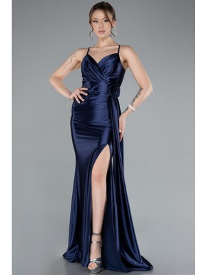 Bacak Dekolteli Uzun Saten Mezuniyet Elbisesi ABU4814