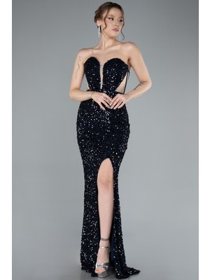 Straplez Bacak Dekolteli Uzun Pullu Balık Abiye ABU4790