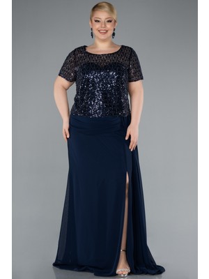 Kısa Kol Boncuklu Yırtmaçlı Uzun Büyük Beden Abiye ABU4806