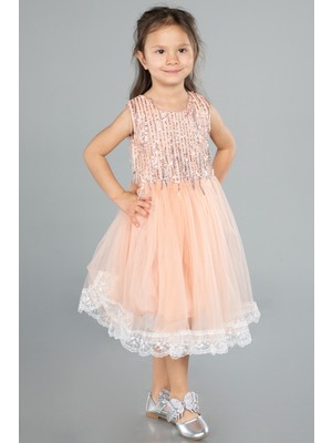 Üstü Pullu Kolsuz Kısa Kız Çocuk Abiye ABK2300