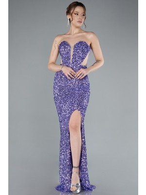 Straplez Bacak Dekolteli Uzun Pullu Balık Abiye ABU4790