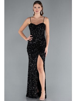 Yırtmaçlı Göğüs Drapeli Uzun Pullu Abiye Elbise ABU4842