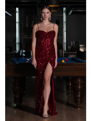 Yırtmaçlı Göğüs Drapeli Uzun Pullu Abiye Elbise ABU4842