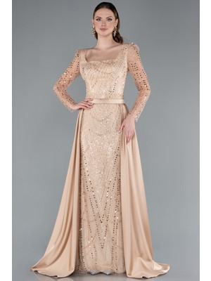 Taşlı Uzun Kol Saten Kuyruklu Büyük Beden Abiye ABU4761