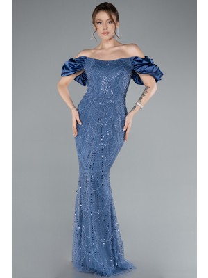 Kısa Kol Boncuklu Uzun Büyük Beden Abiye ABU4788