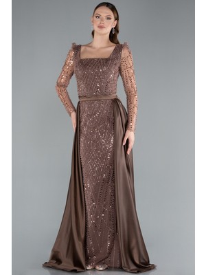 Taşlı Uzun Kol Saten Kuyruklu Büyük Beden Abiye ABU4761