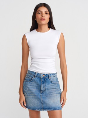 21054 Büzgülü Basic T-Shirt-Beyaz