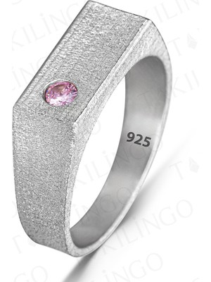 925 Ayar Gümüş Pembe Zirkon Taşlı Sade Erkek Yüzük