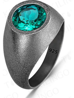 925 Ayar Gümüş Oksitli Yuvarlak Deniz Mavisi Zirkon Taşlı Erkek Yüzük