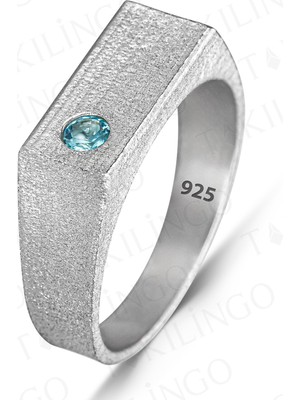 Mh-59 925 Ayar Gümüş Akuamarin Taşlı Sade Erkek Yüzük