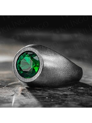 925 Ayar Gümüş Oksitli Yuvarlak Yeşil Zirkon Taşlı Sade Erkek Yüzük