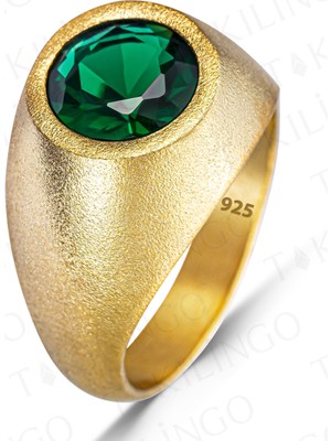 925 Ayar Gümüş Altın Kaplama Yuvarlak Yeşil Zirkon Taşlı Sade Erkek Yüzük