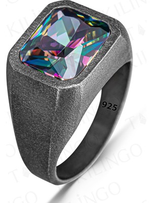 925 Ayar Gümüş Oksitli Mistik Topaz Taşlı Erkek Yüzük