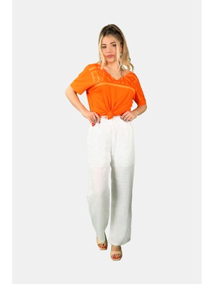 Balins Beli Lastikli Keten Pantolon Beyaz