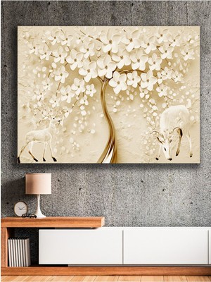 Altın Gövdeli Soyut Ağaç ve Geyikler Kanvas Tablo