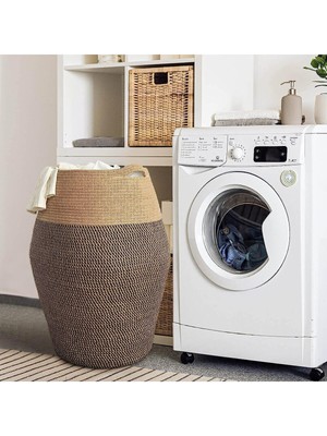 Mediterian Doğal Hasır Uzun Çamaşır Sepeti, Dekoratif, Kahverengi, Hacim 0-19 L