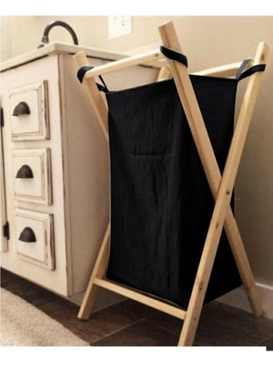 Mediterian Katlanabilir Ahşap Çamaşır Sepeti, Siyah, Şık ve Pratik Tasarım