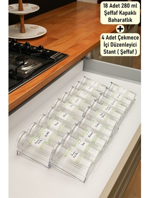 Mediterian Şeffaf 18'li 280 ml kavanoz ve baharatlık seti, cam malzeme, düzenleyici.