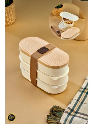 Mediterian 3'lü Ahşap Kapaklı Elastik Bantlı Saklama Kabı Seti, Pratik ve Şık Organizatör, Bej