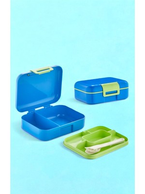 Mediterian 2 Katlı Mavi 5 Bölmeli Beslenme Kutusu, Kaşıklı Çatallı Bıçaklı, Plastik, Okul Saklama