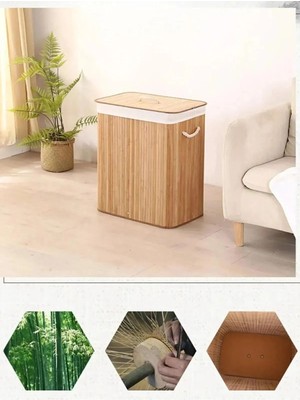 Mediterian Bambu Dikdörtgen Çamaşır Sepeti, 52x35x50 cm, Bölmeli, Pembe, 50 L, Doğal ve Şık Tasarım