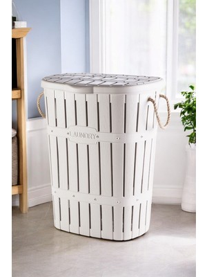 Mediterian Bambu Desenli 65LT Kulplu Beyaz Çamaşır Sepeti, Şık ve Kullanışlı Tasarım