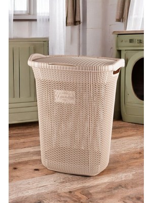 Mediterian Şık ve hafif 65 lt rattan desenli çamaşır sepeti, bej renkli, dayanıklı plastik materyal