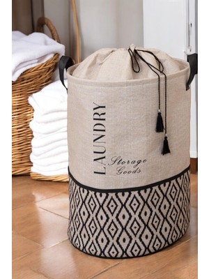 Mediterian Katlanabilir Bej Çamaşır Sepeti, Pratik ve Hafif Organizer, 50 L Hacim