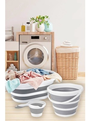 Mediterian 3'lü Katlanabilir Çamaşır Sepeti ve Akordiyon Su Kovası Seti, 25 L, Beyaz