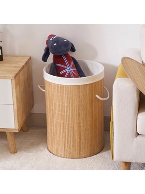 Mediterian Yuvarlak Bambu Çamaşır Sepeti, Haki, 60 L, Banyo ve Düzenleme için Şık Tasarım