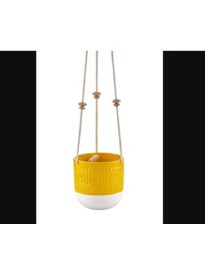 Çiçeklik 13 cm Sarı Seramik Dekor Obje Asma Saksı Vazo Vintage Ipli Sarı Beyaz Dekoratif 1 Adet