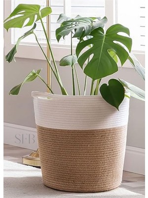 Mediterian Beyaz jüt dekoratif ve depolama sepeti 30x30cm, şık ve kullanışlı tasarım