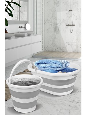 Mediterian 2'li Katlanabilir Çamaşır Sepeti ve Su Kovası Seti, Gri, Hafif ve Pratik, 25 L