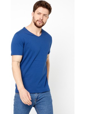 Comeor Erkek Mavi Basıc Slim Fit Pamuklu Kısa Kollu V Yaka T-Shirt